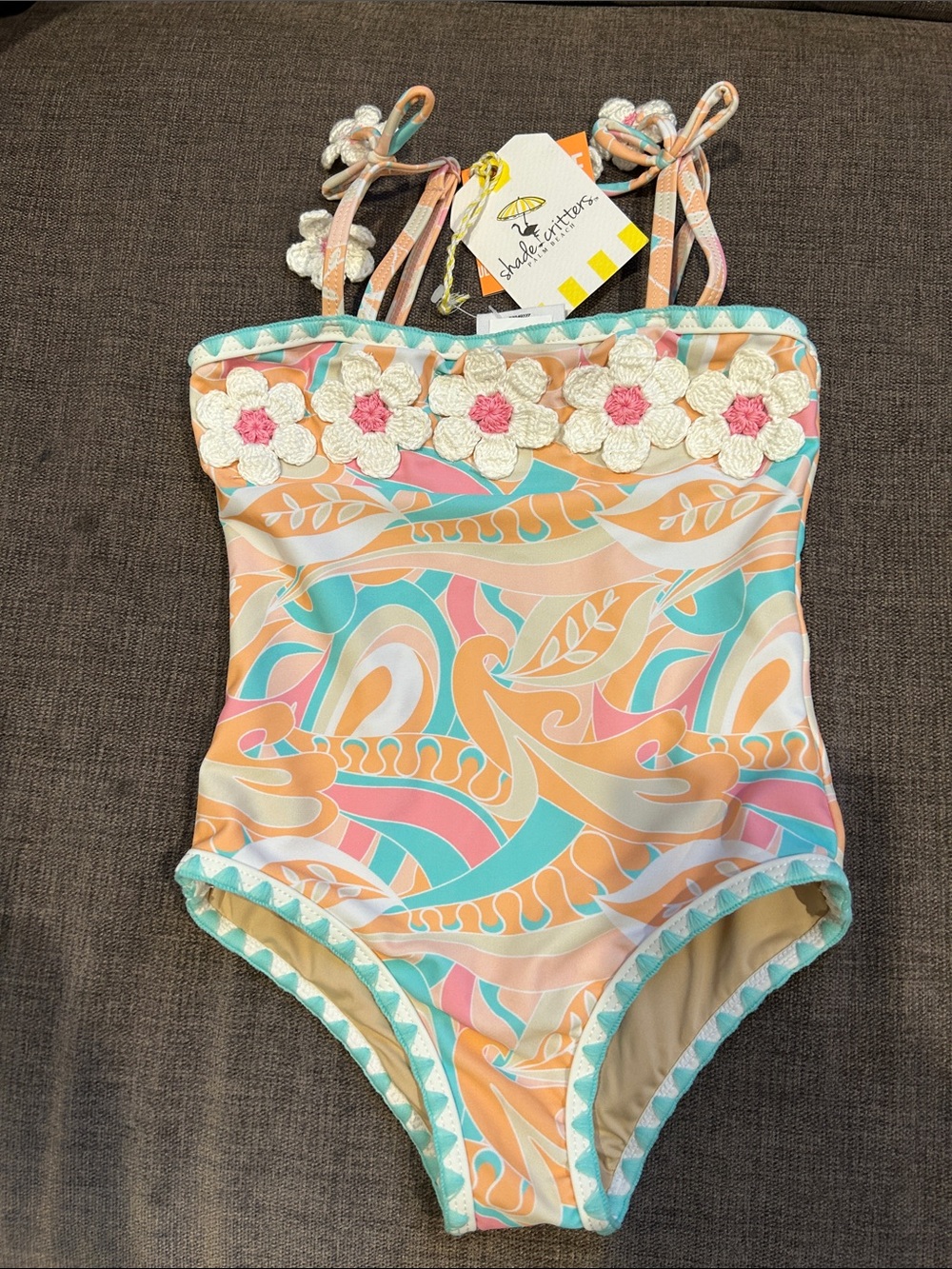 Girls' Crochet Floral One-Piece Swimsuit in Pastel Peach & Aqua - Shade Critters